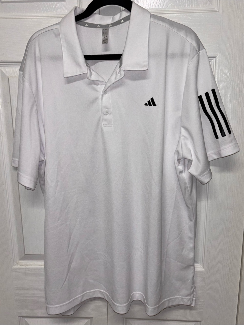 adidas White Polo Shirt with Black Logo and Sleeve Stripes